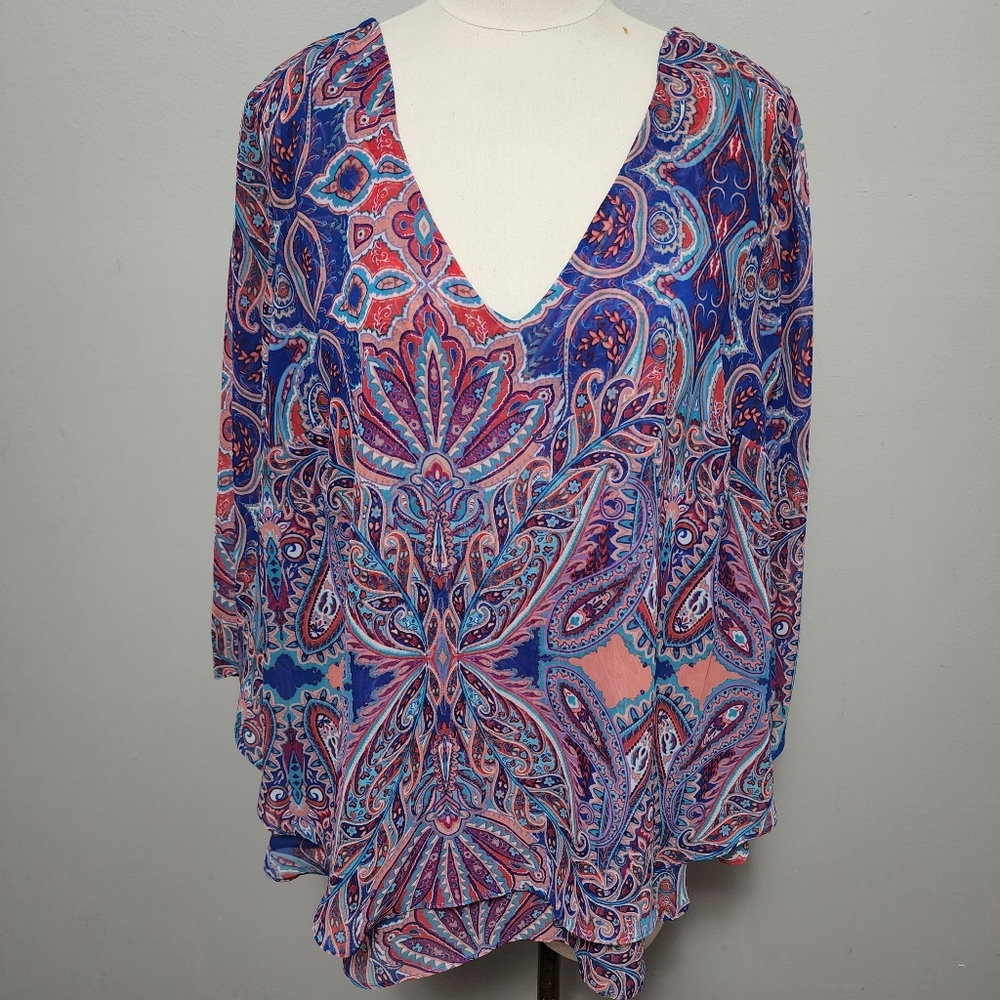 Boutique + blue paisley kimono sleeve layered blouse size 1X